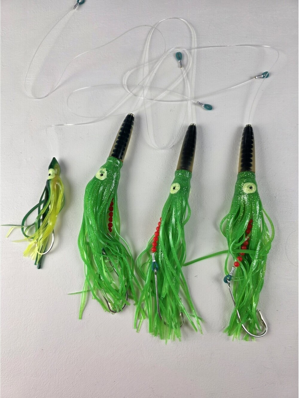 3x 12" GREEN MACHINE RIGGED SALTWATER TROLLING FISHING LURES + 6" Lure